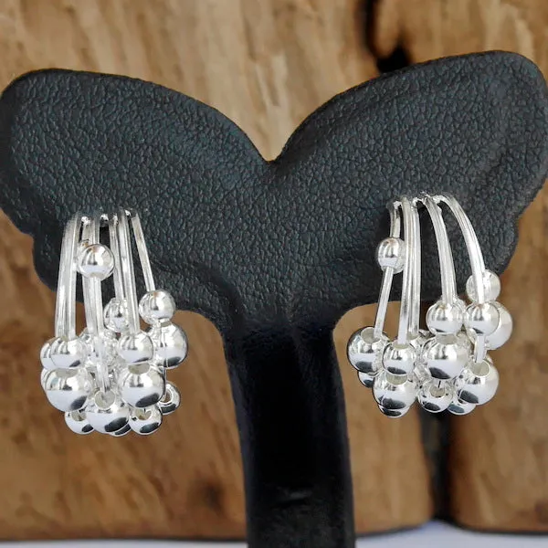 1 Pair 925 Sterling Silver Moving Ball Bali Hoop Earrings