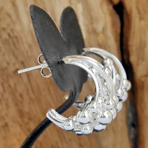 1 Pair 925 Sterling Silver Moving Ball Bali Hoop Earrings