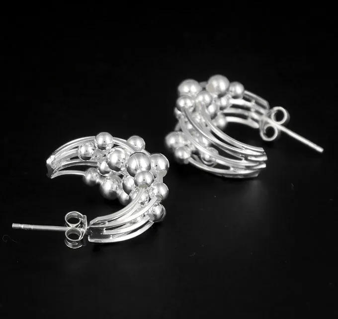 1 Pair 925 Sterling Silver Moving Ball Bali Hoop Earrings