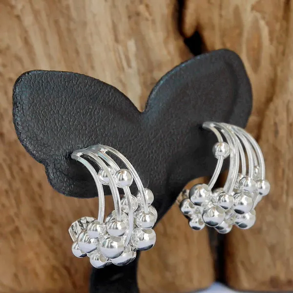 1 Pair 925 Sterling Silver Moving Ball Bali Hoop Earrings