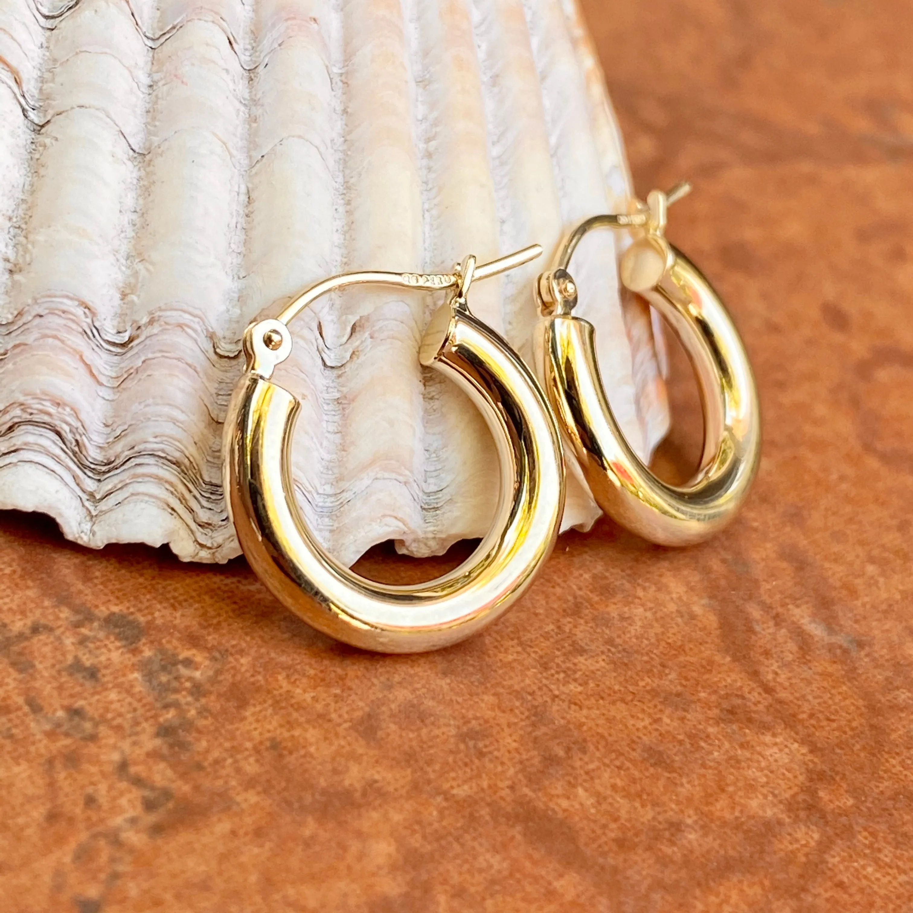 10KT Yellow Gold Polished 3mm Tube Hoop Earrings 15mm