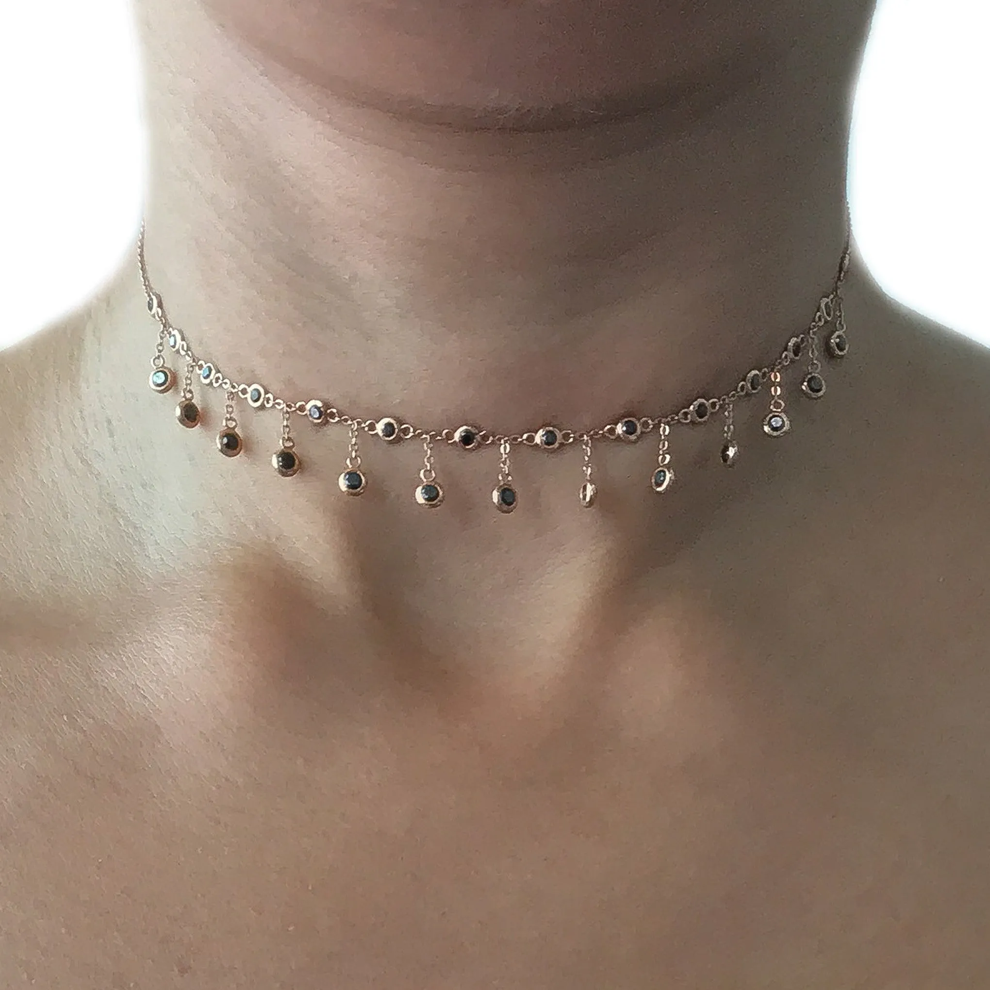 14K Gold Black Diamond Fringe Choker Charm Necklace