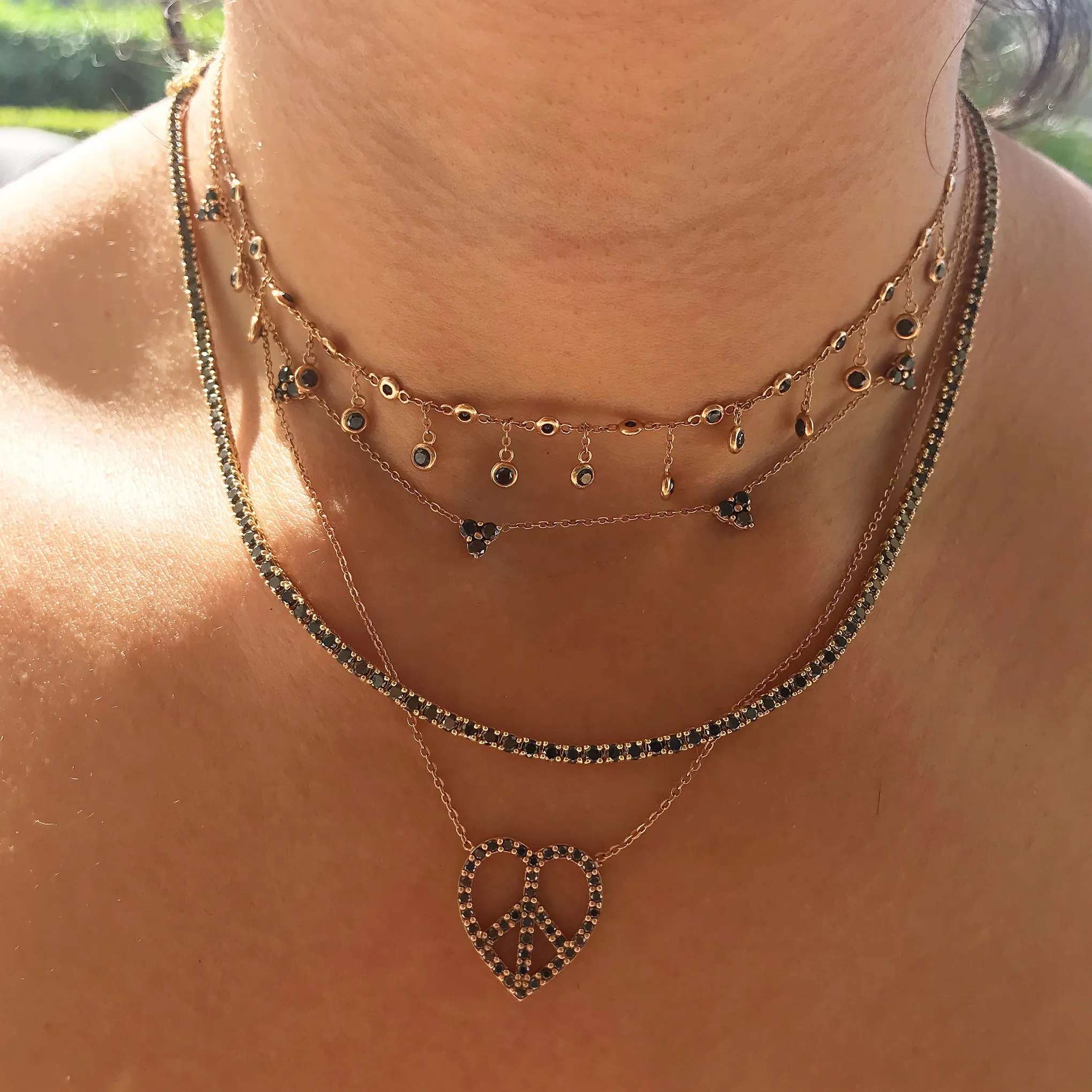 14K Gold Black Diamond Fringe Choker Charm Necklace