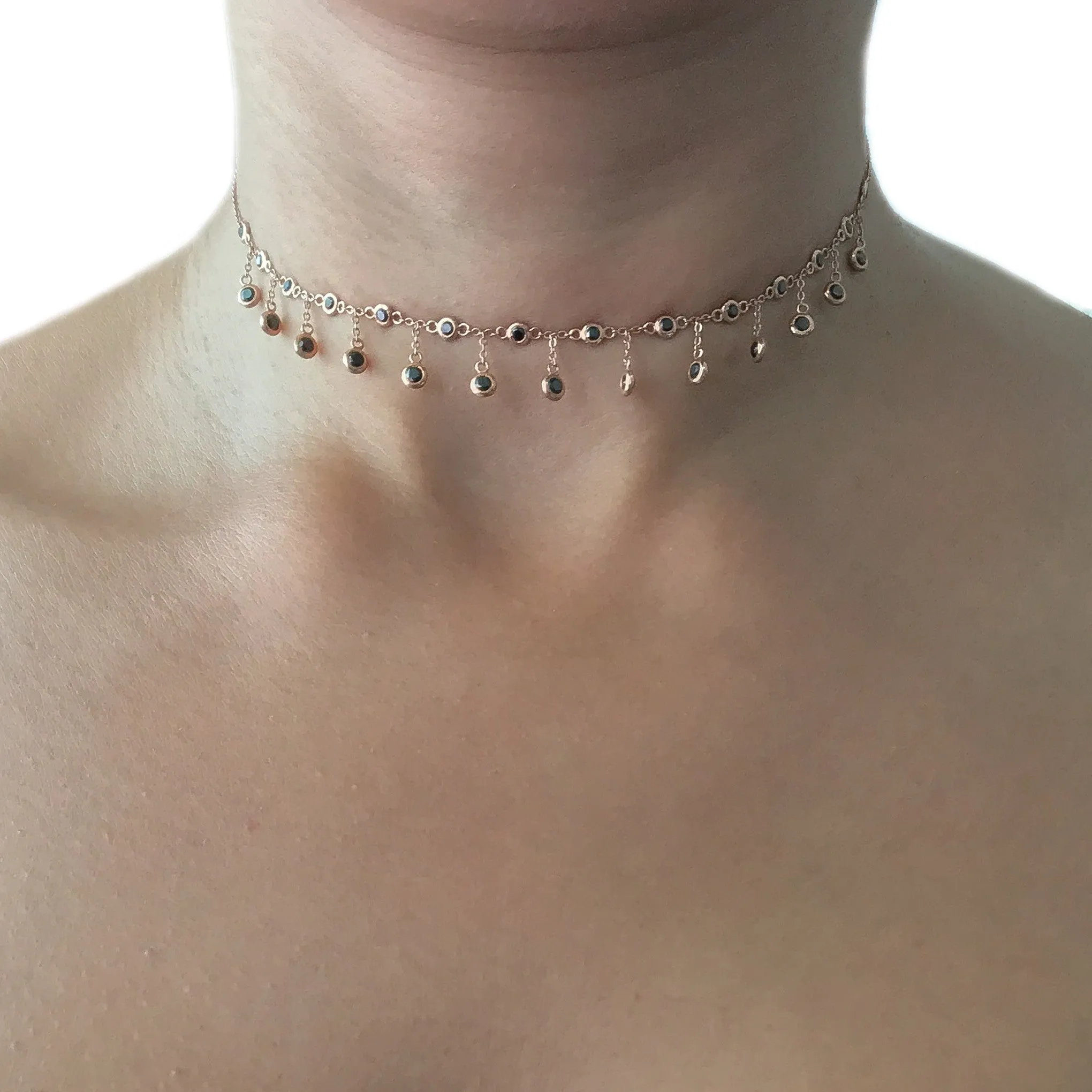 14K Gold Black Diamond Fringe Choker Charm Necklace