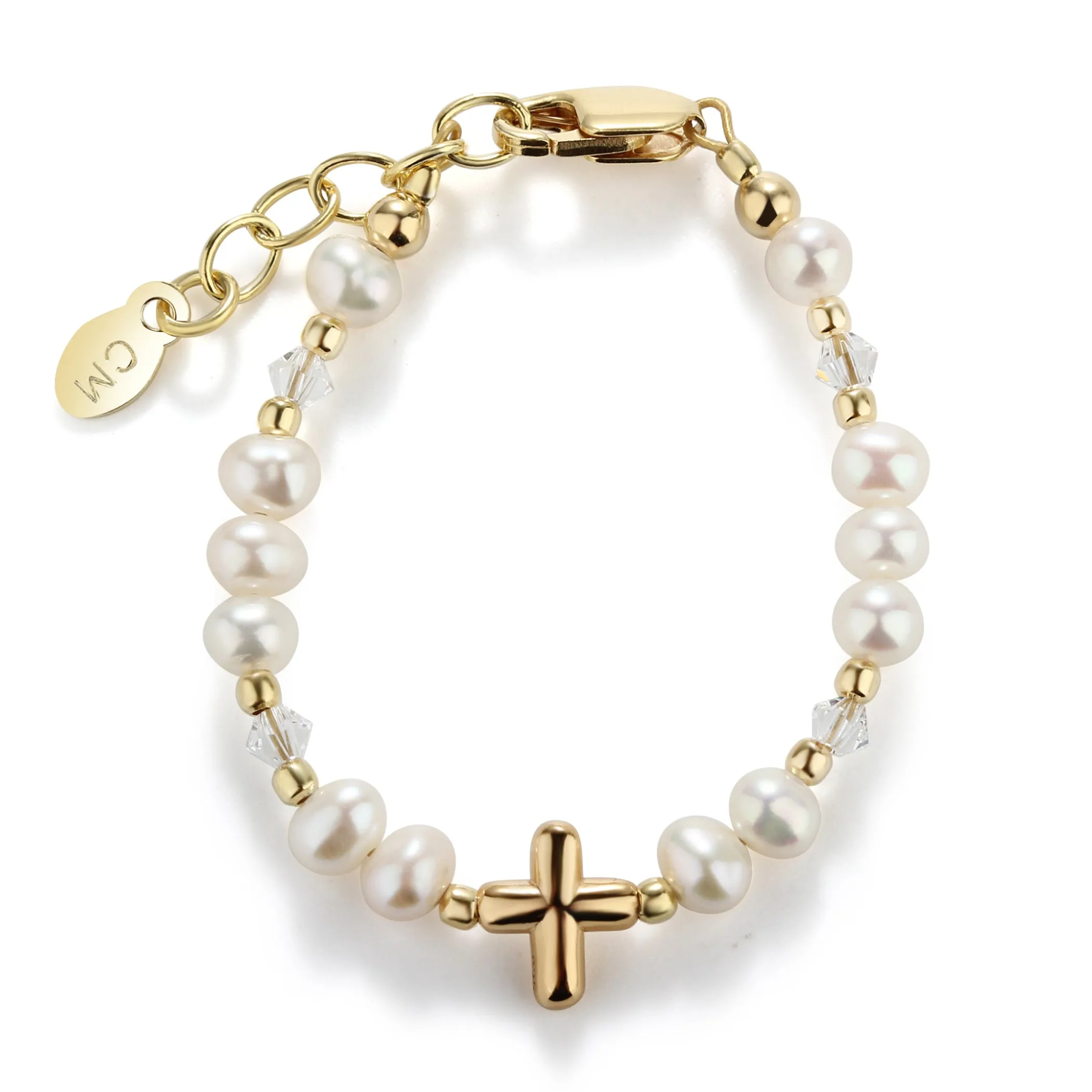 14K Gold-Plated Pearl Cross Bracelet First Communion Gift for Girls