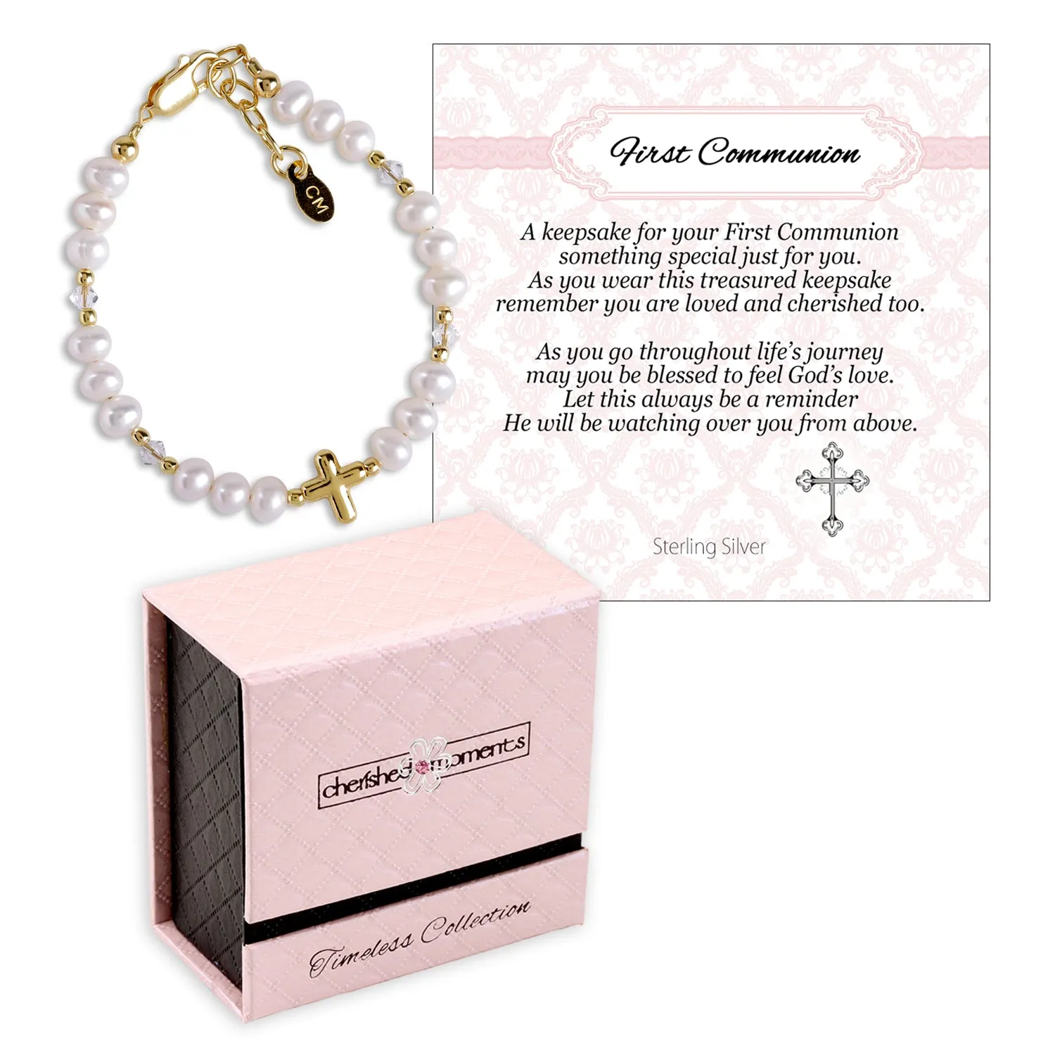 14K Gold-Plated Pearl Cross Bracelet First Communion Gift for Girls