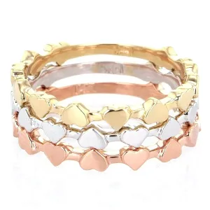 14k Tri Color Gold 3 Piece Stackable Heart Ring Size 7