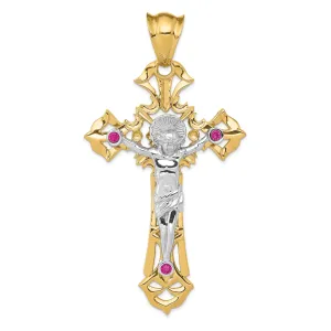 14k Two-tone Gold Polished with Red C.Z Crucifix