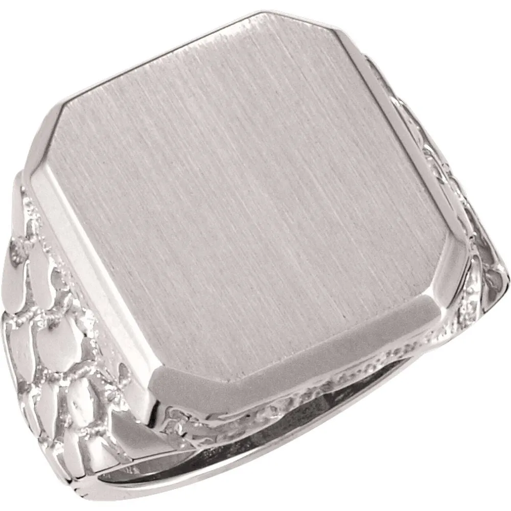 14k White Gold 18x16mm Men's Nugget Signet Ring, Size 10