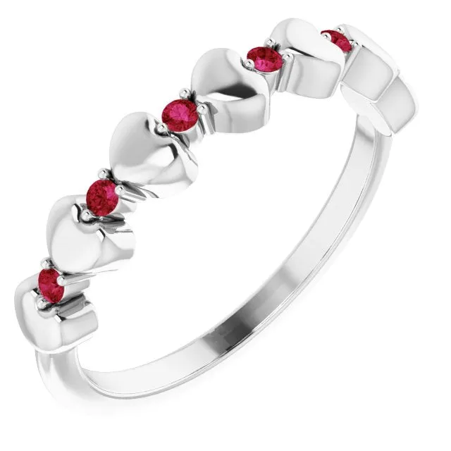14K White Natural Ruby Heart Stackable Ring