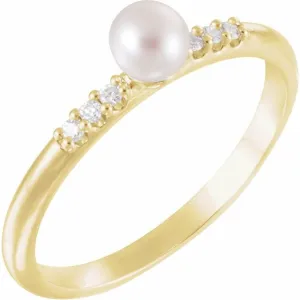 14K Yellow Cultured White Freshwater Pearl & .05 CTW Natural Diamond Ring