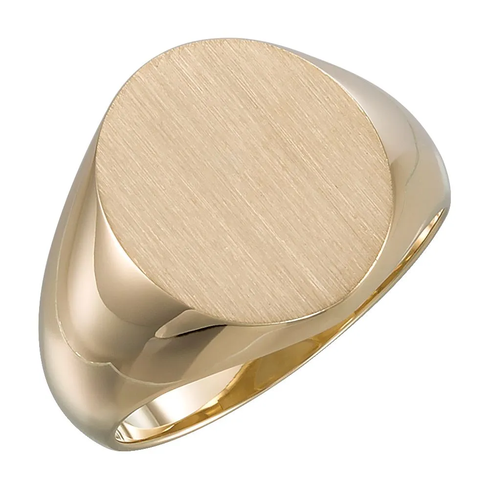 14k Yellow Gold 16x14mm Men's Signet Ring with Brush Finish, Size 10