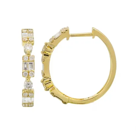 14K Yellow Gold Round   Baguette Cluster Hoop Earrings