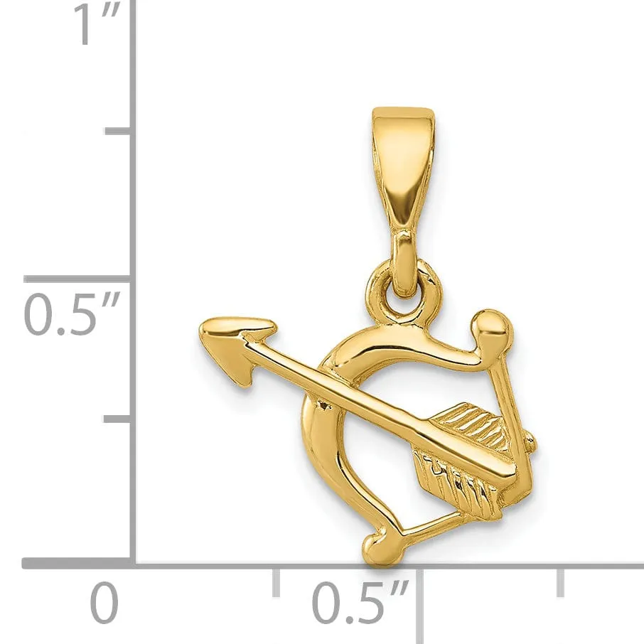 14k Yellow Gold Solid 3-D Bow and Arrow Pendant