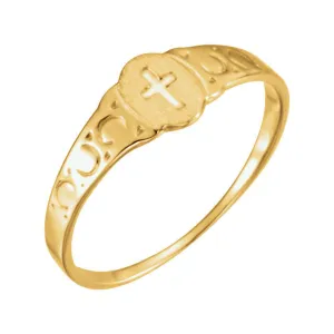14k Yellow Gold Youth Signet Ring with Cross Size 3