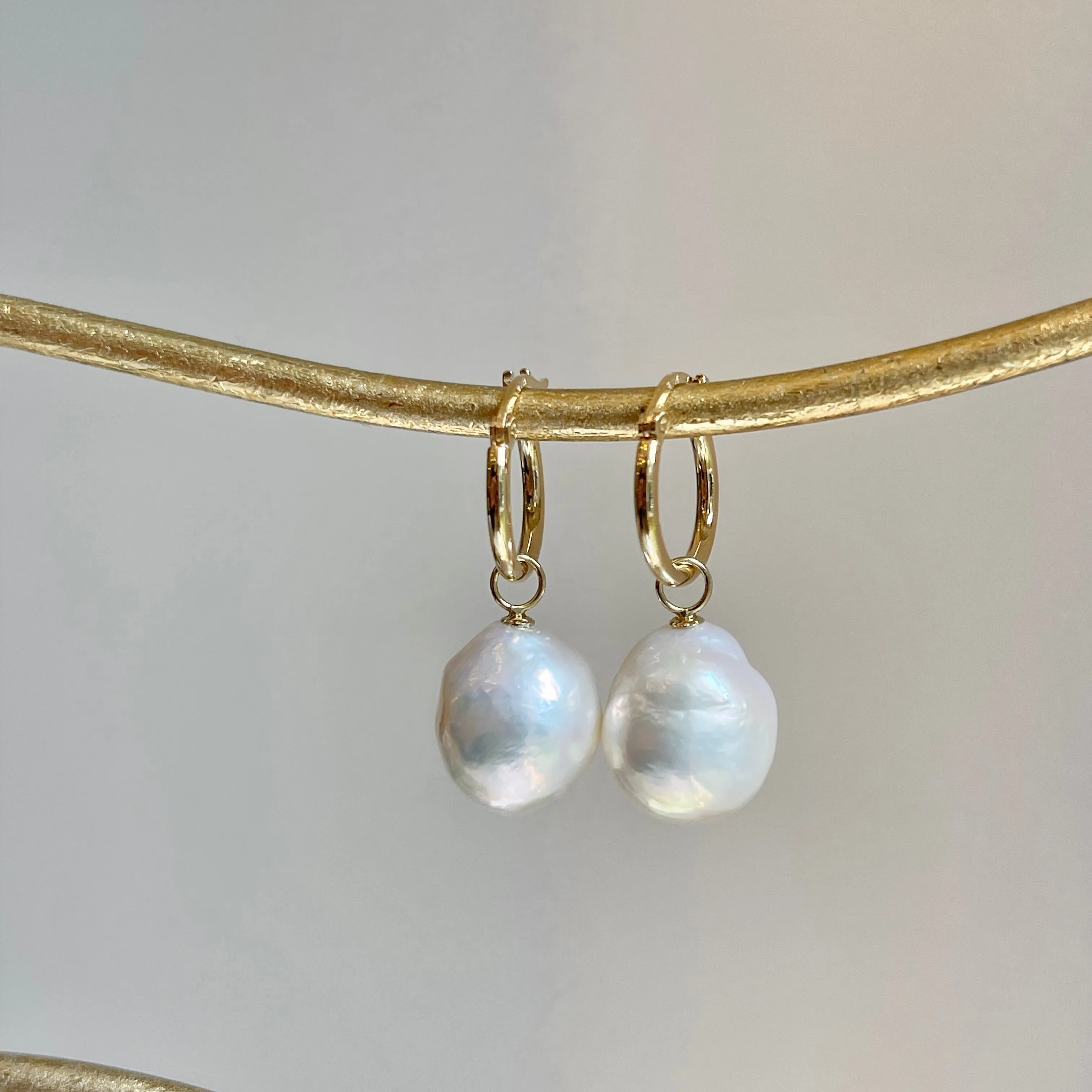 14KT Yellow Gold Baroque White Pearl Charm Hoop Earrings