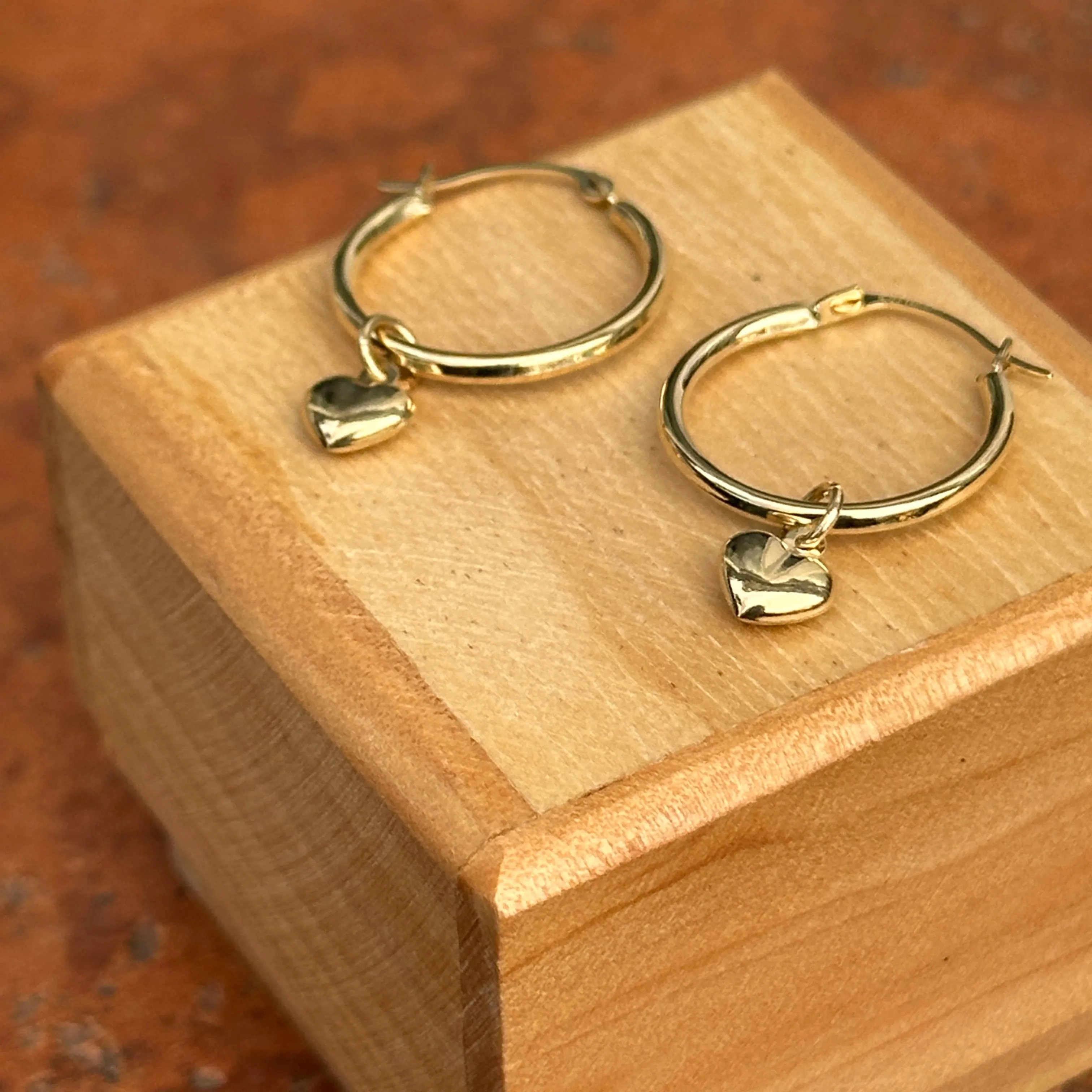 14KT Yellow Gold Puffed Heart Charm Hoop Earrings