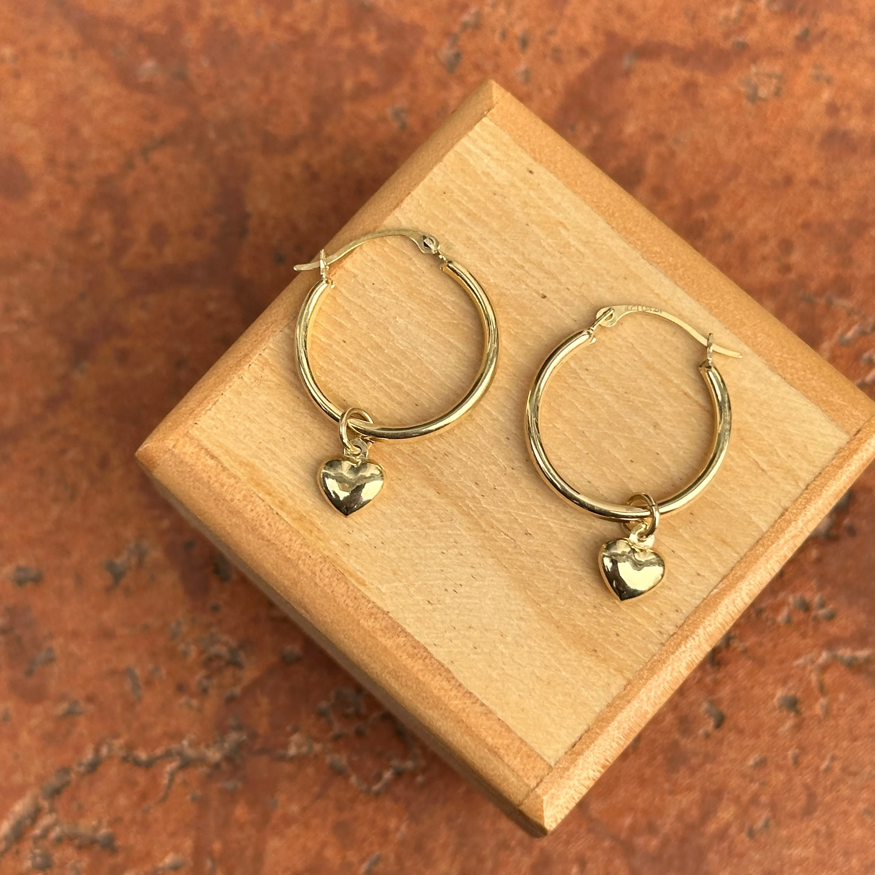 14KT Yellow Gold Puffed Heart Charm Hoop Earrings