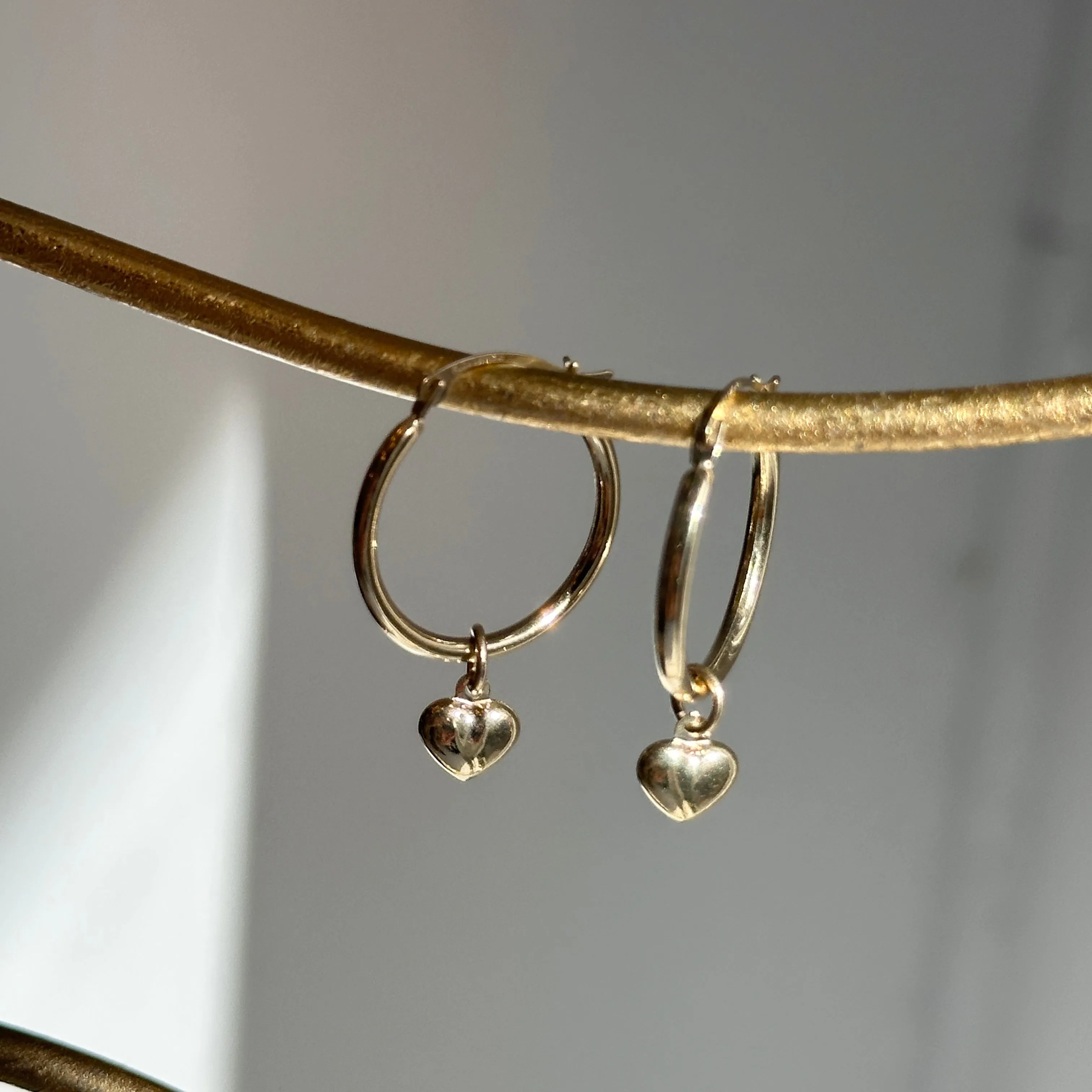 14KT Yellow Gold Puffed Heart Charm Hoop Earrings