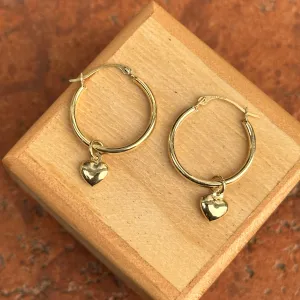 14KT Yellow Gold Puffed Heart Charm Hoop Earrings