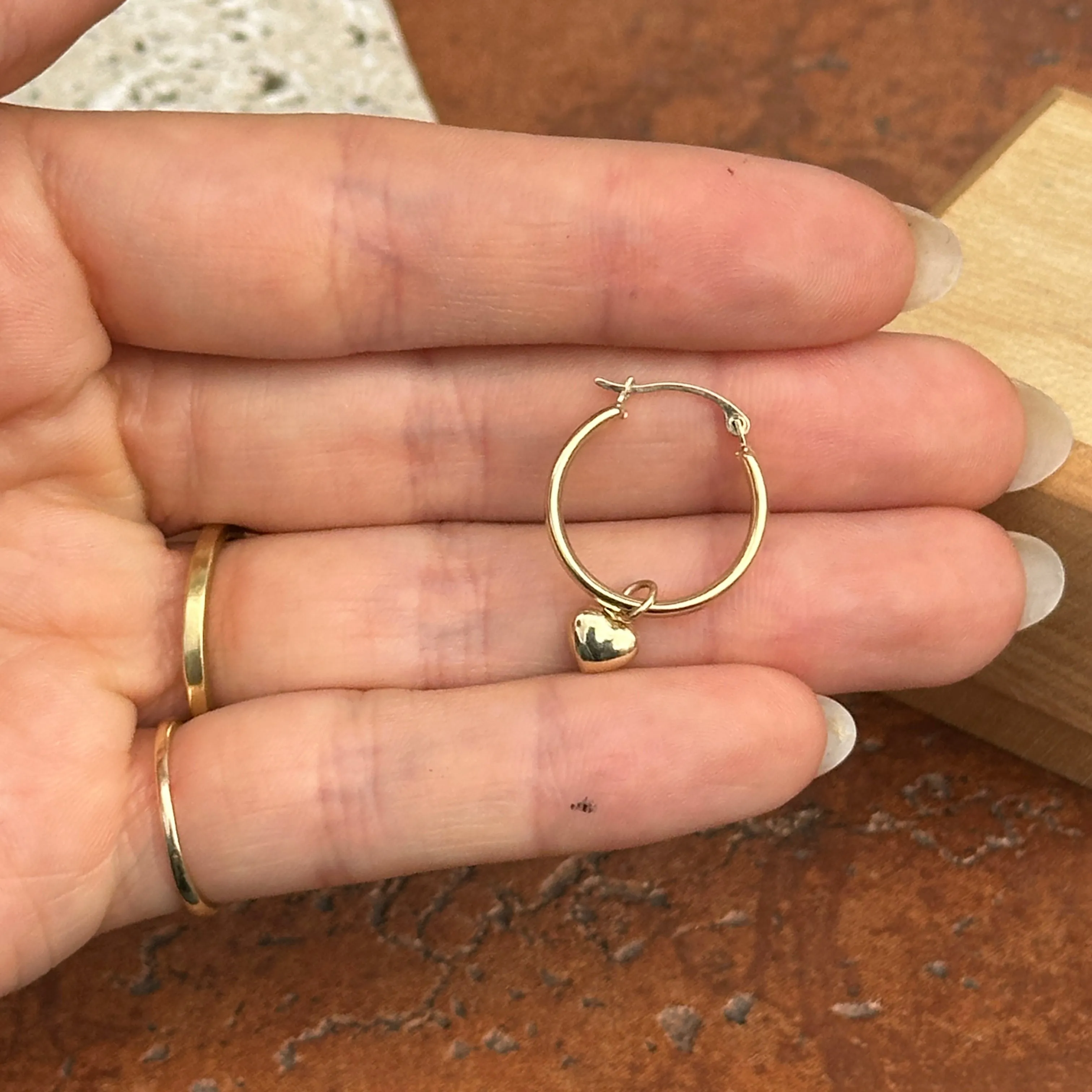 14KT Yellow Gold Puffed Heart Charm Hoop Earrings