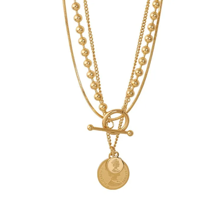 18k Gold Filled Queen Portrait Coin Multi Layered Necklace Stainless Steel