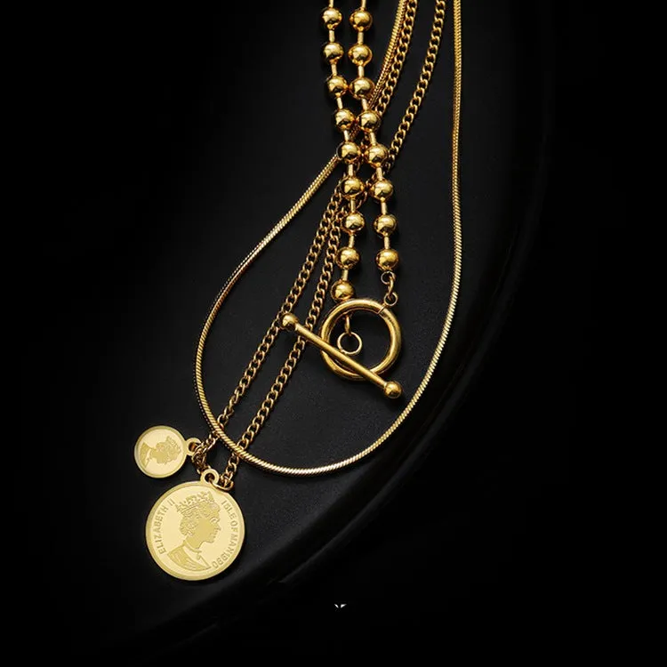 18k Gold Filled Queen Portrait Coin Multi Layered Necklace Stainless Steel