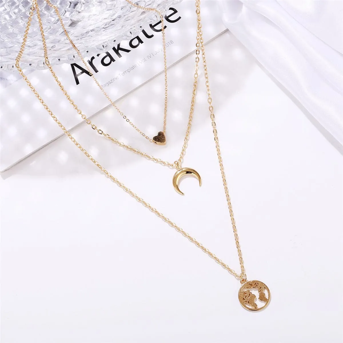 18K Gold-Plated Heart & Map Layered Necklace