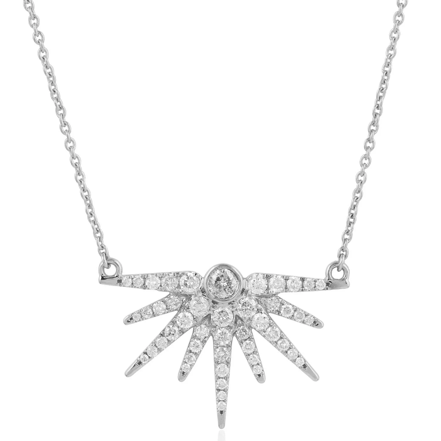 18k White Gold pave Diamond Half Sun Burst Design Pendant Chain Necklace Birthday Gift Sale