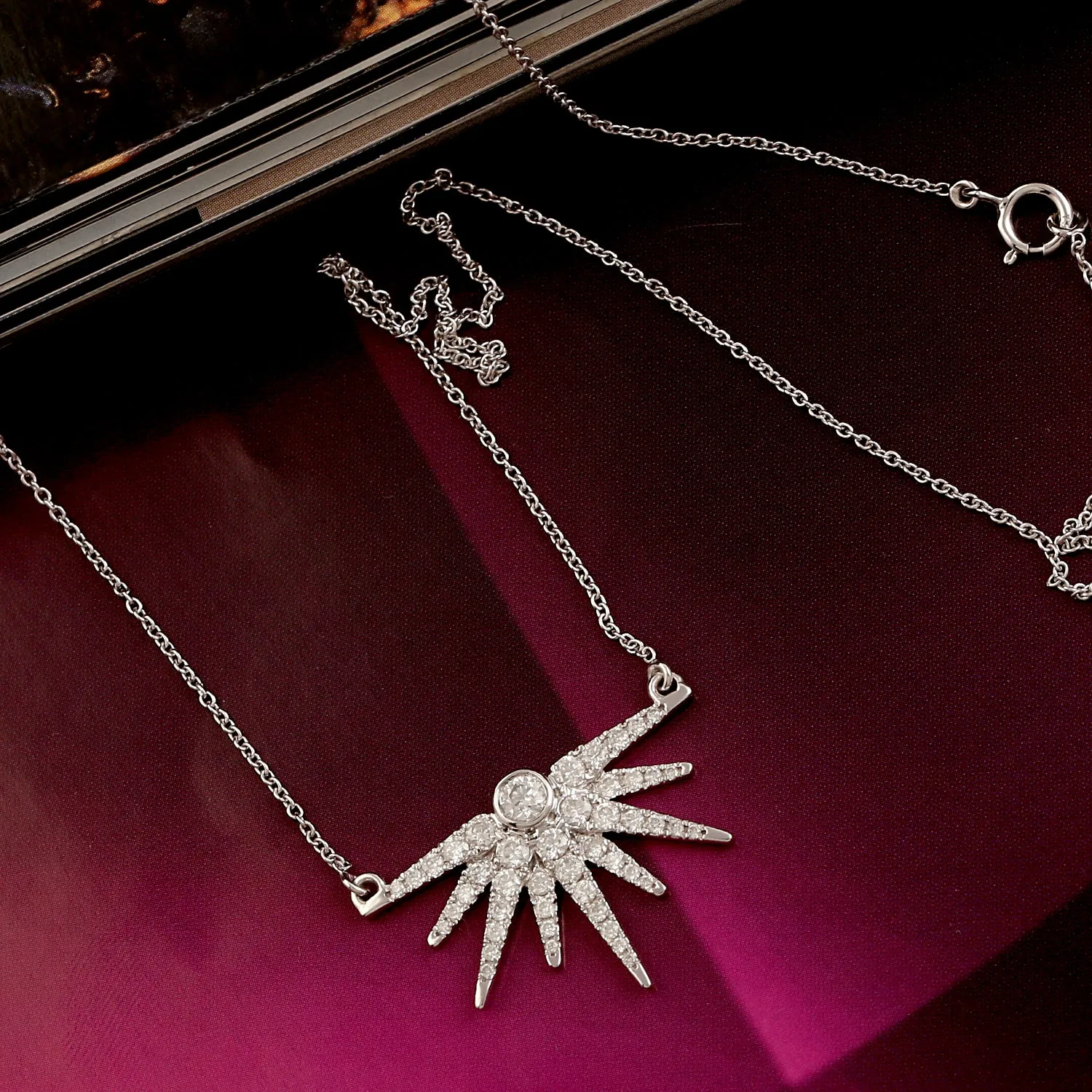 18k White Gold pave Diamond Half Sun Burst Design Pendant Chain Necklace Birthday Gift Sale