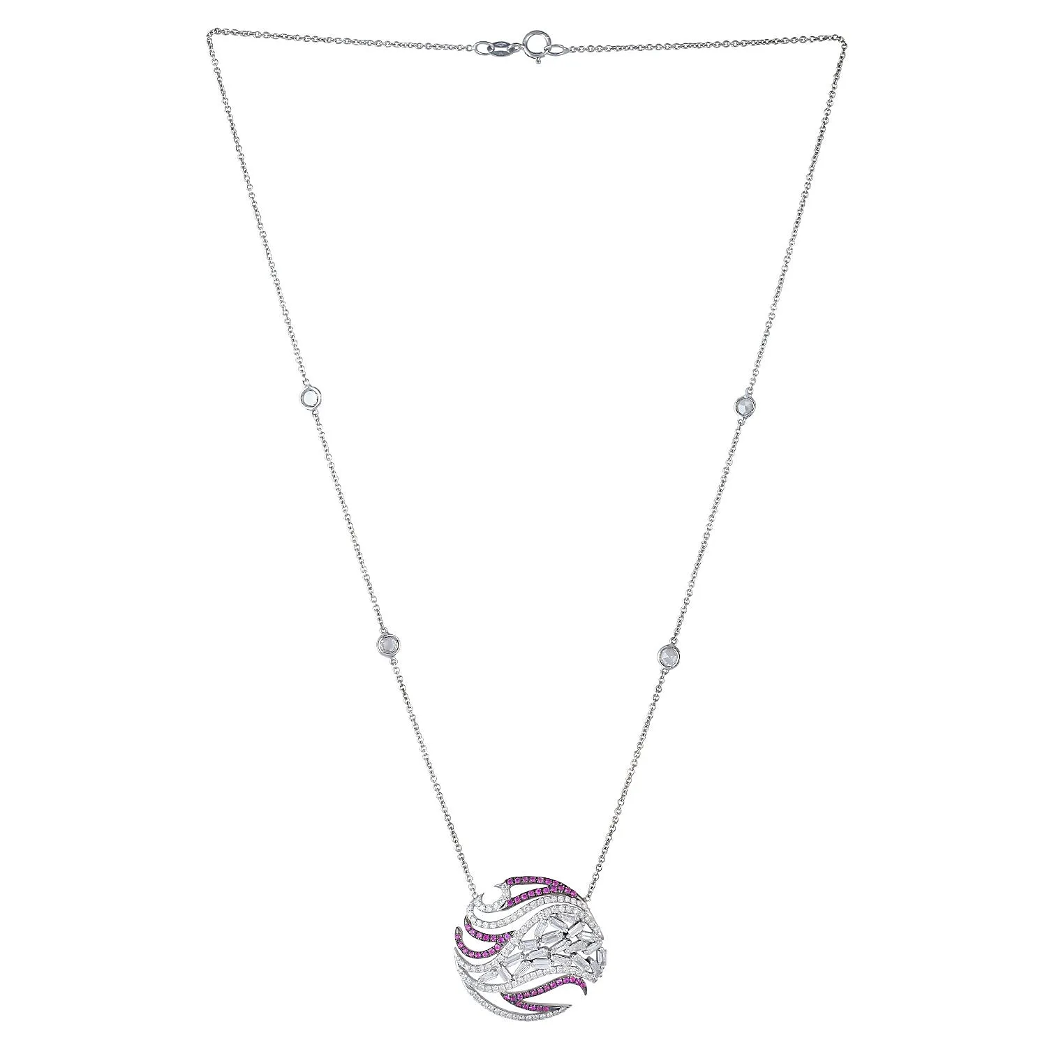 18K White Gold Pave Pink Sapphire Baguette Diamond Cluster Choker Necklace