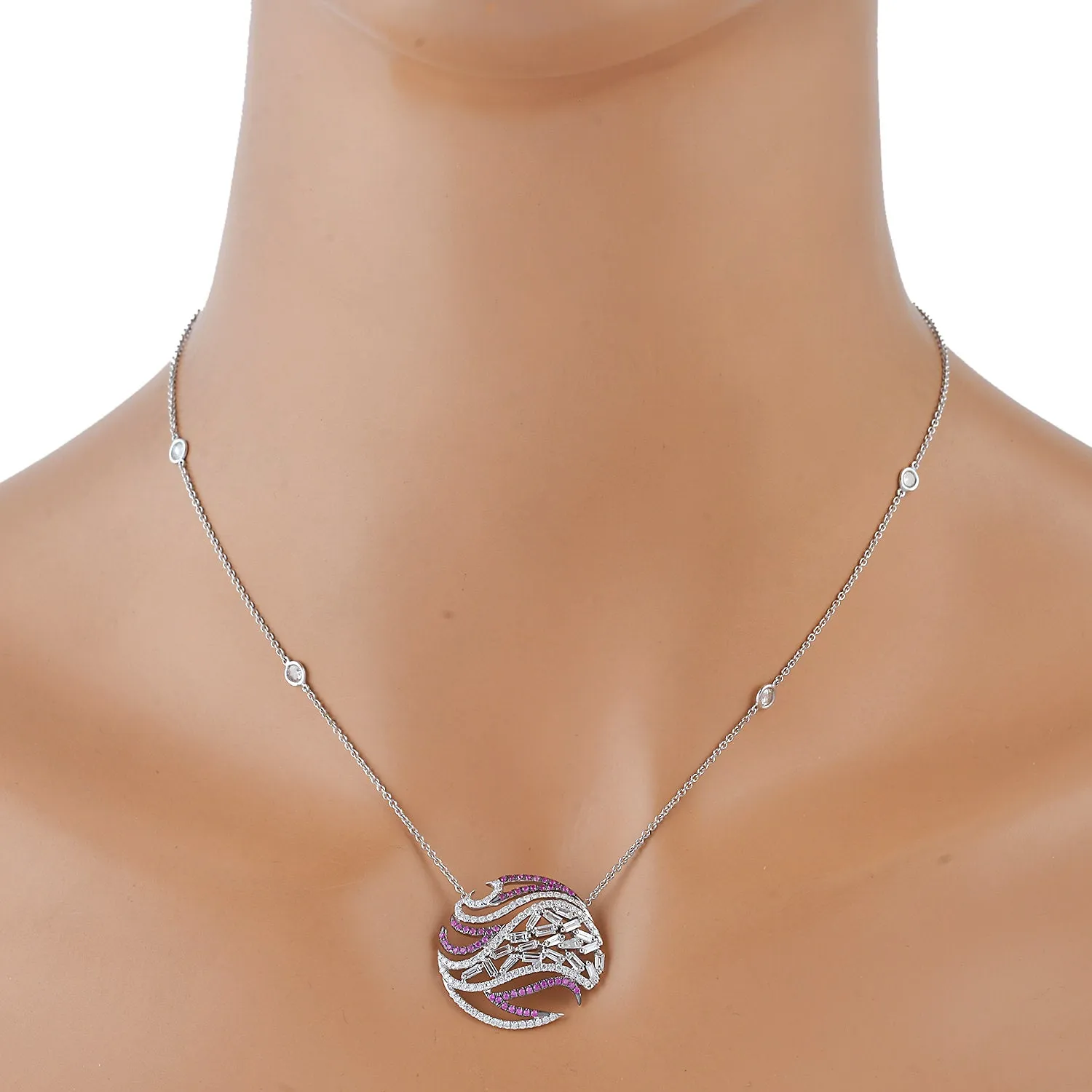 18K White Gold Pave Pink Sapphire Baguette Diamond Cluster Choker Necklace