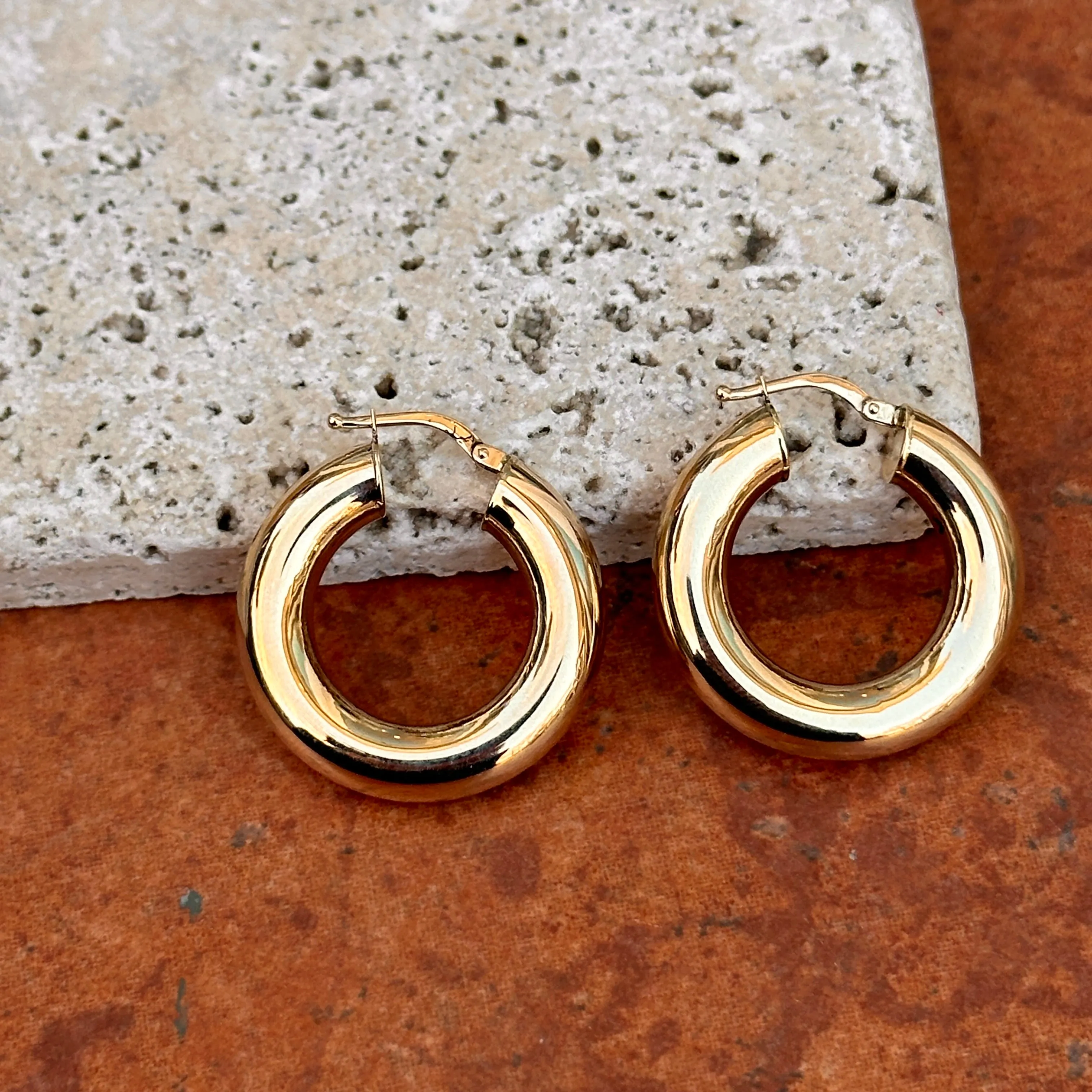 18KT Yellow Gold 6mm Tube Round Hoop Earrings 27mm