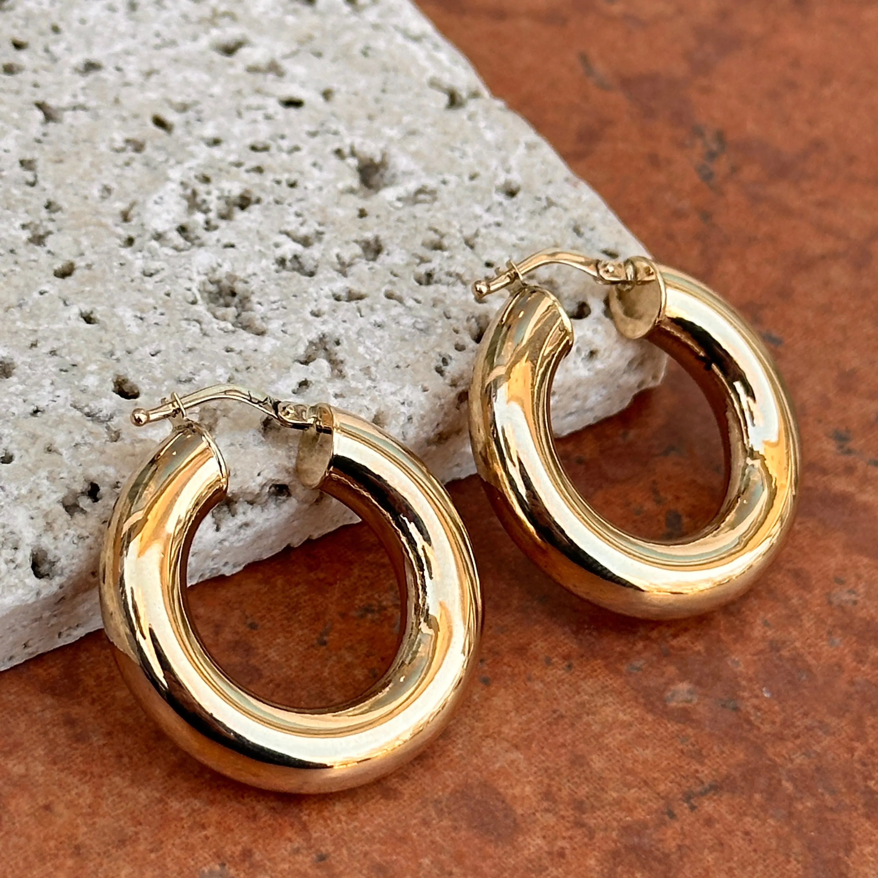 18KT Yellow Gold 6mm Tube Round Hoop Earrings 27mm