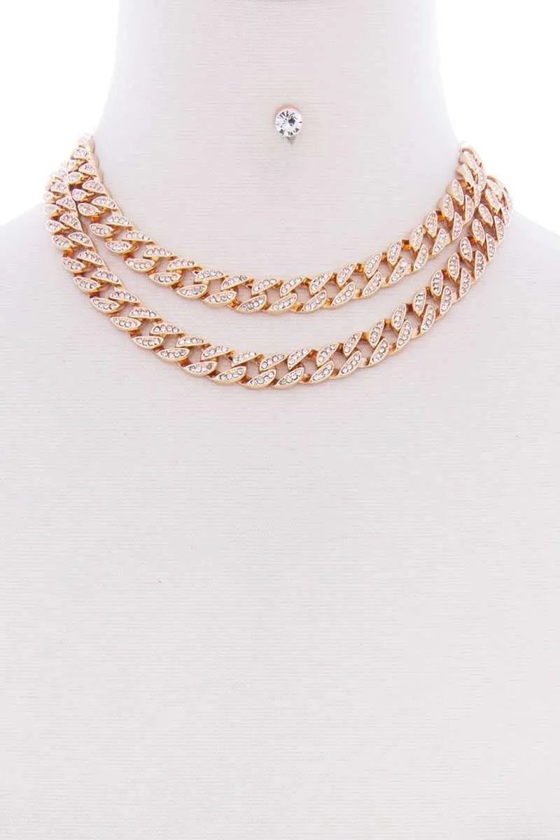 2 Layered Link Metal Chain Stud Stone Short Necklace Earring Set