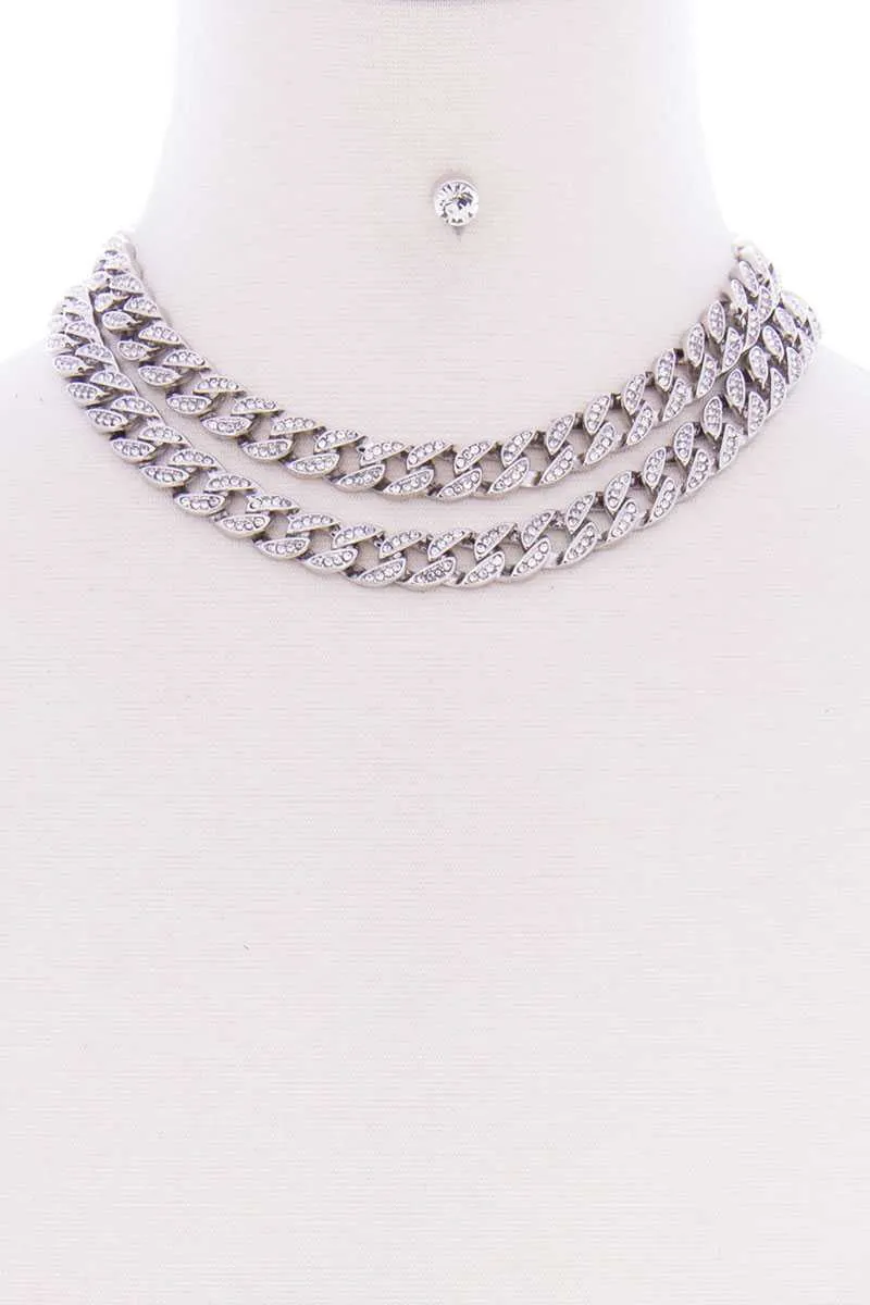 2 Layered Link Metal Chain Stud Stone Short Necklace Earring Set