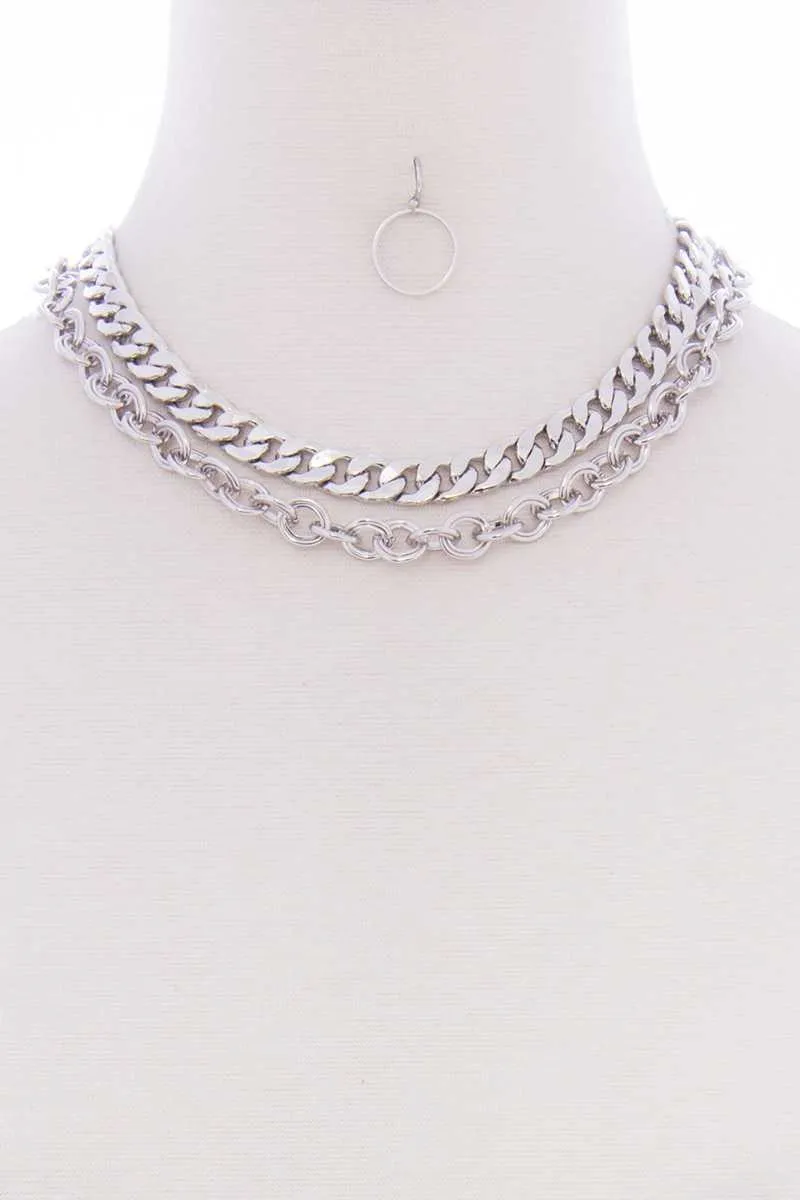 2 Layered Metal Link Chain Multi Necklace Earring Set