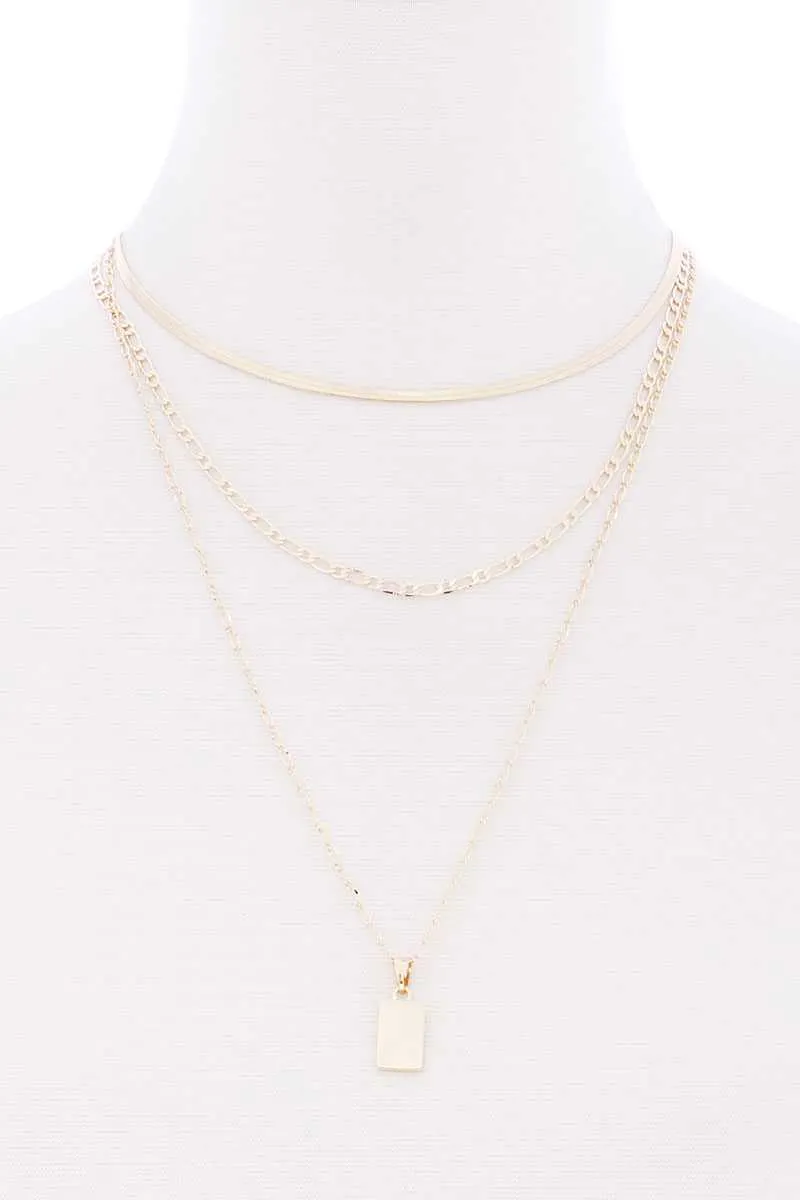 3 Layered Metal Chain Square Pendant Necklace