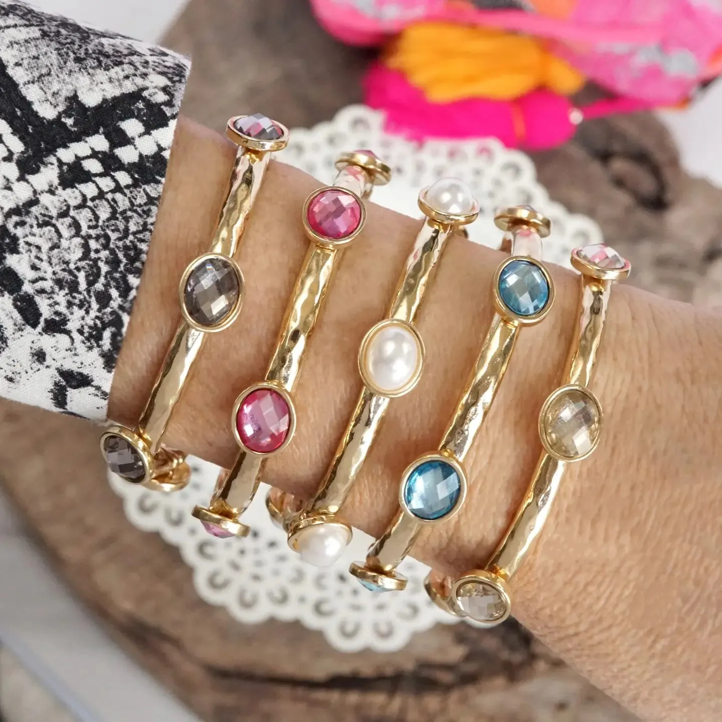 5 Piece Boho Beaded Bracelet Stack Semi Precious Glass Beads - Clear