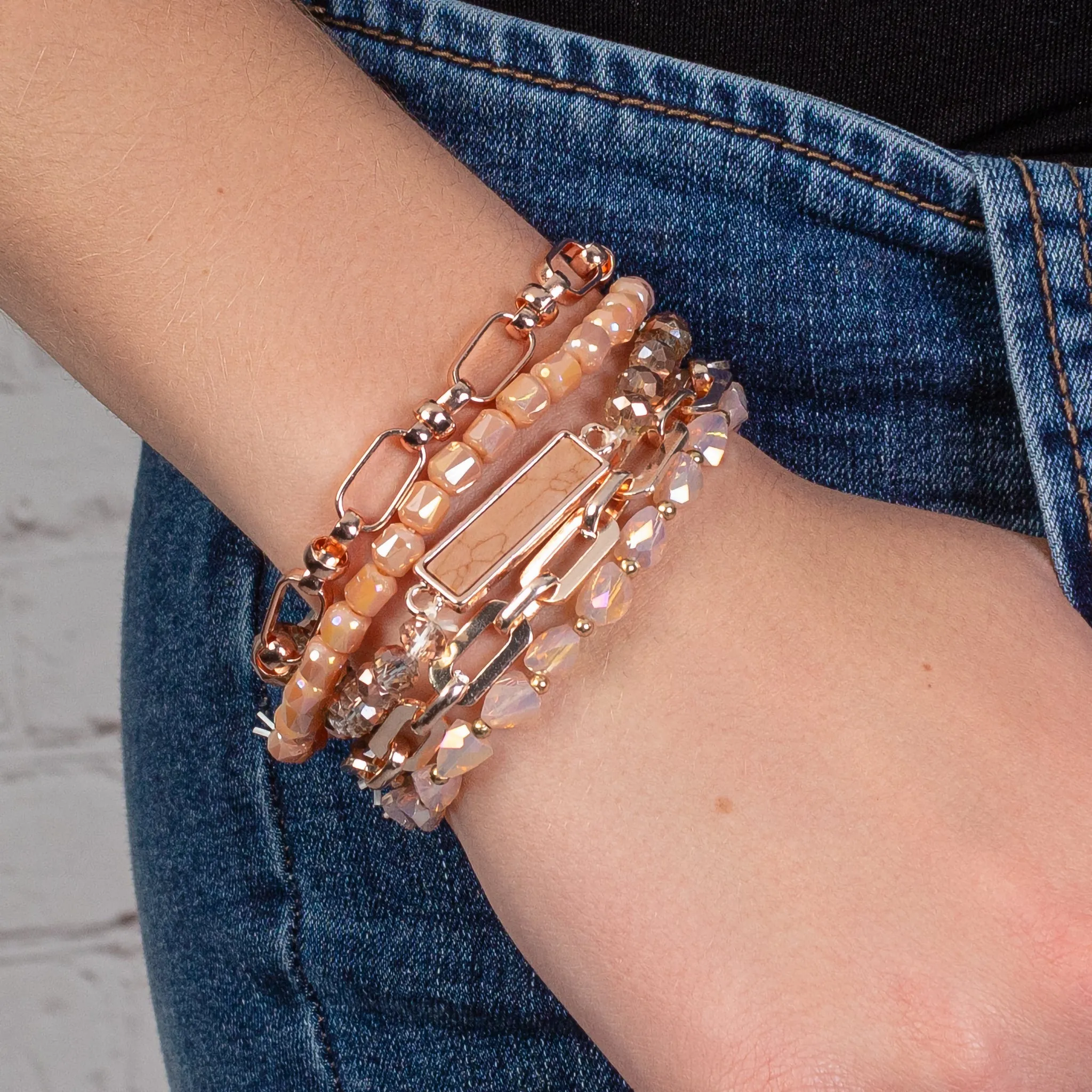 74742 - Turquoise and Crystal Beaded Stacked Bracelets - Rose Gold