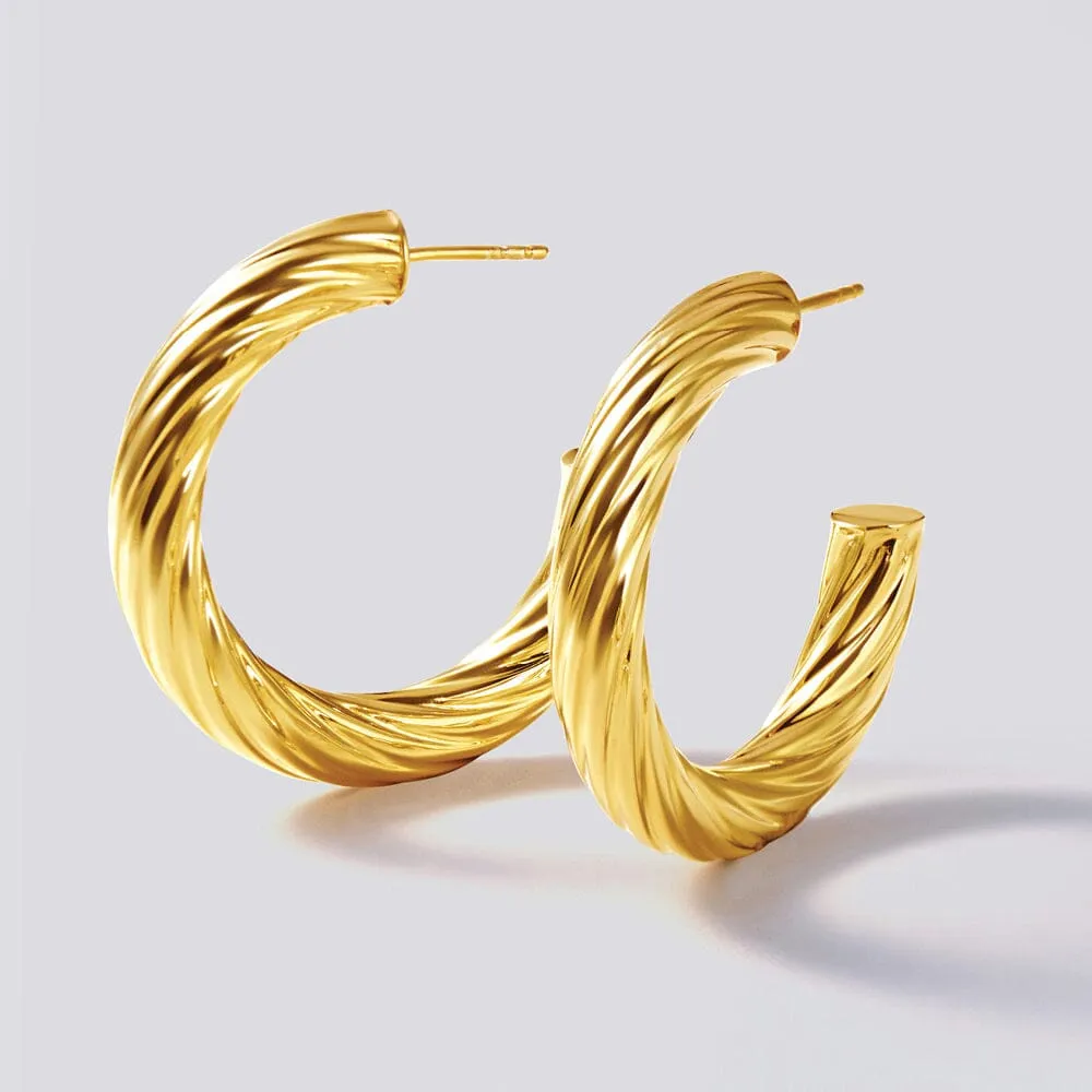 9ct Yellow Gold Silver Infused Large Twist Chunky Hoop Earrings