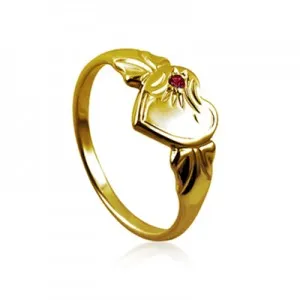 9ct Yellow Gold Single Heart Ruby CZ Signet Ring for Children