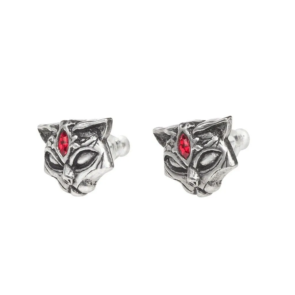 Alchemy Gothic E406 Sacred Cat Earrings Egyptian Black Feline warrior red crysta