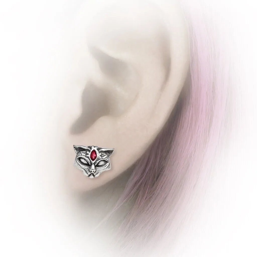Alchemy Gothic E406 Sacred Cat Earrings Egyptian Black Feline warrior red crysta