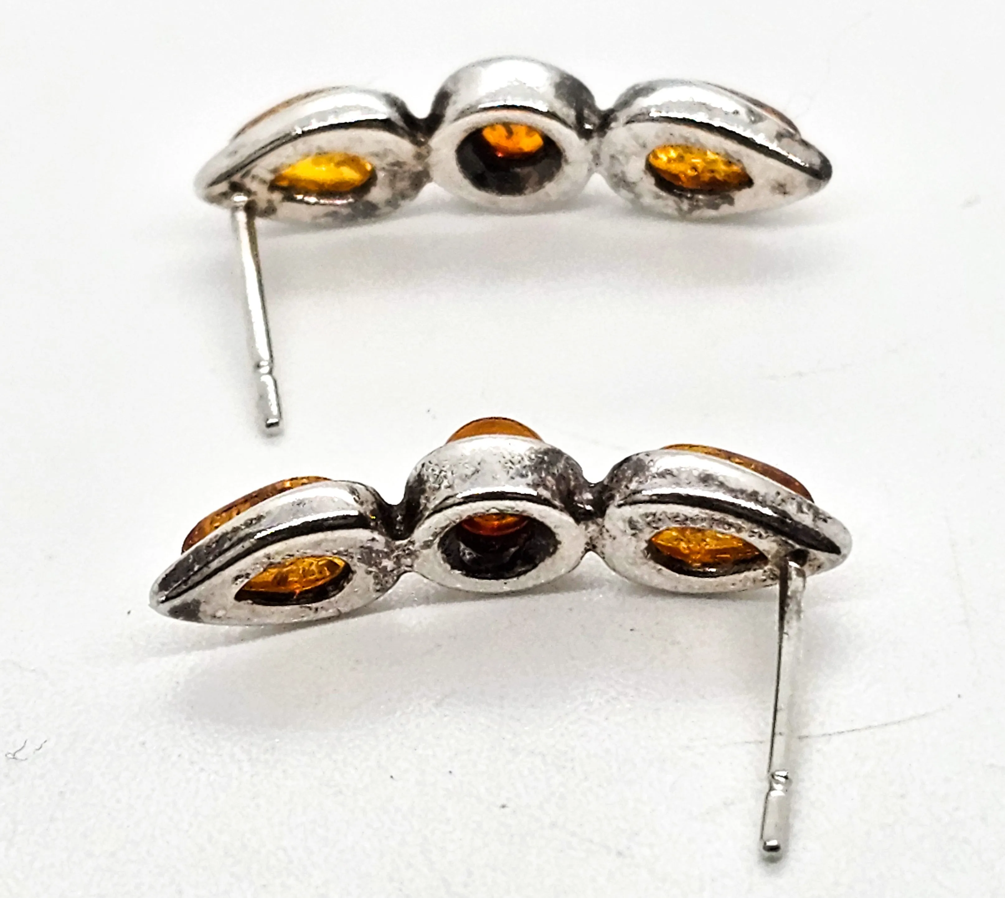 Amber three stone semi hoop sterling silver compressed amber earrings
