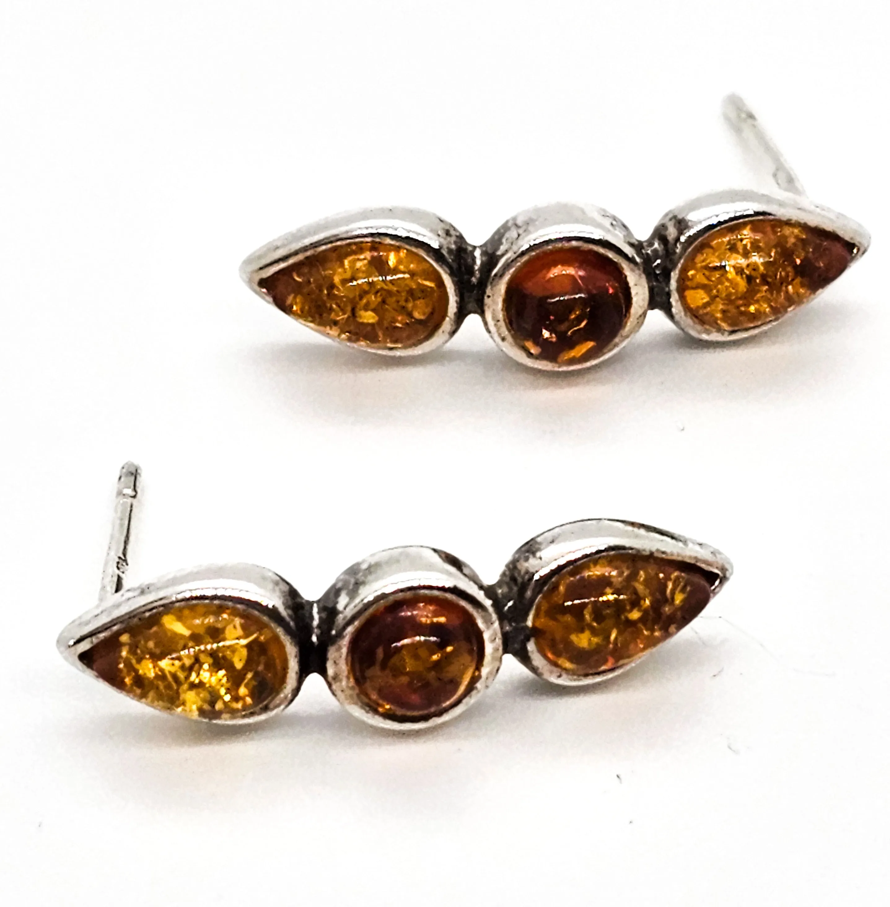 Amber three stone semi hoop sterling silver compressed amber earrings