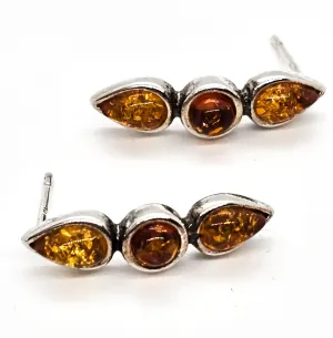 Amber three stone semi hoop sterling silver compressed amber earrings