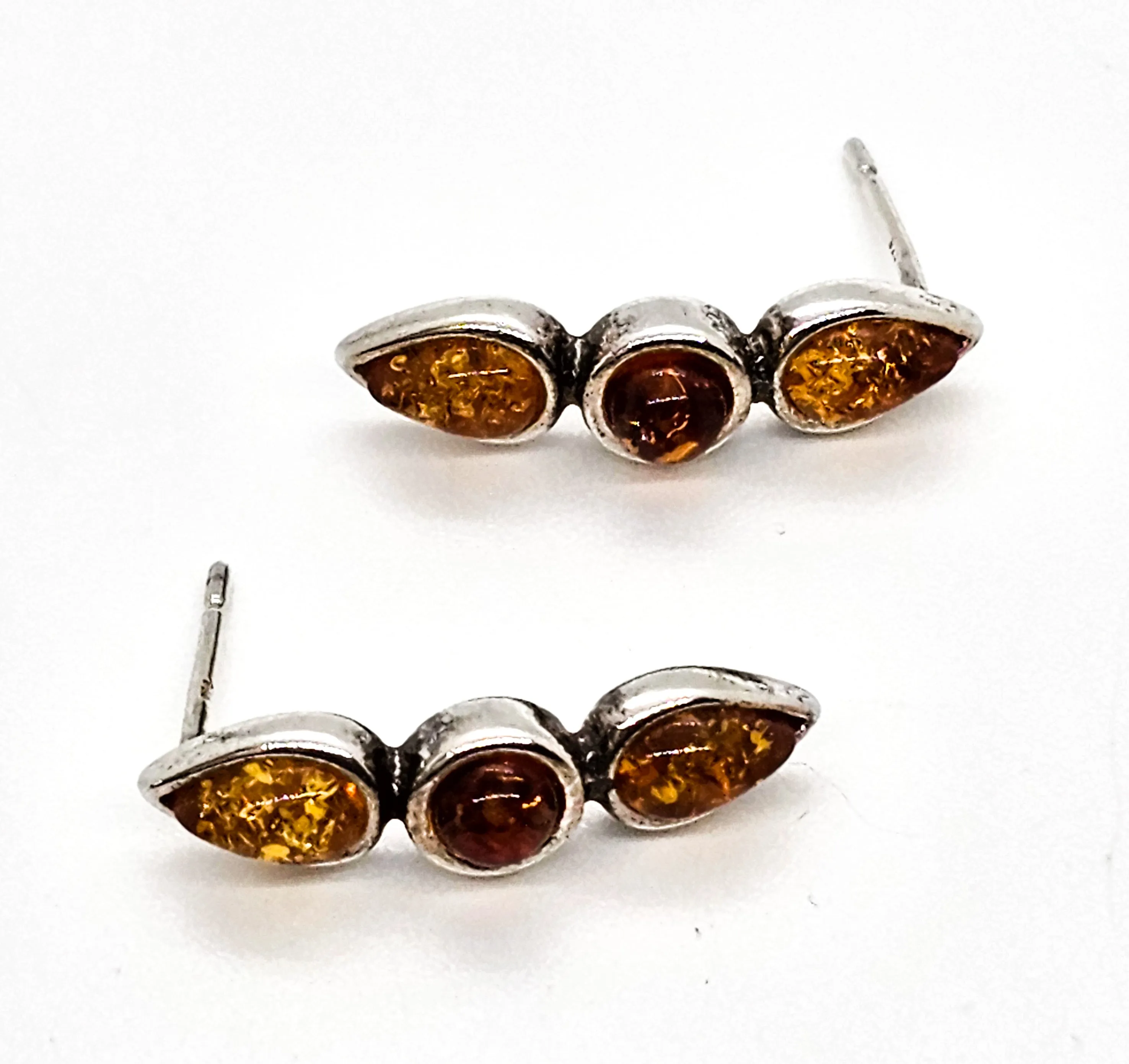 Amber three stone semi hoop sterling silver compressed amber earrings