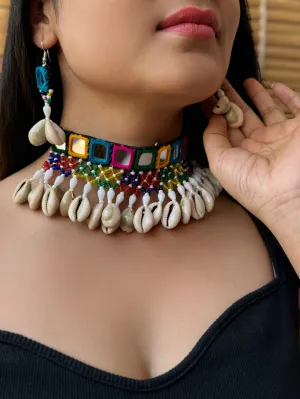 Amola Mirrorwork Fabric Choker   Earrings Set