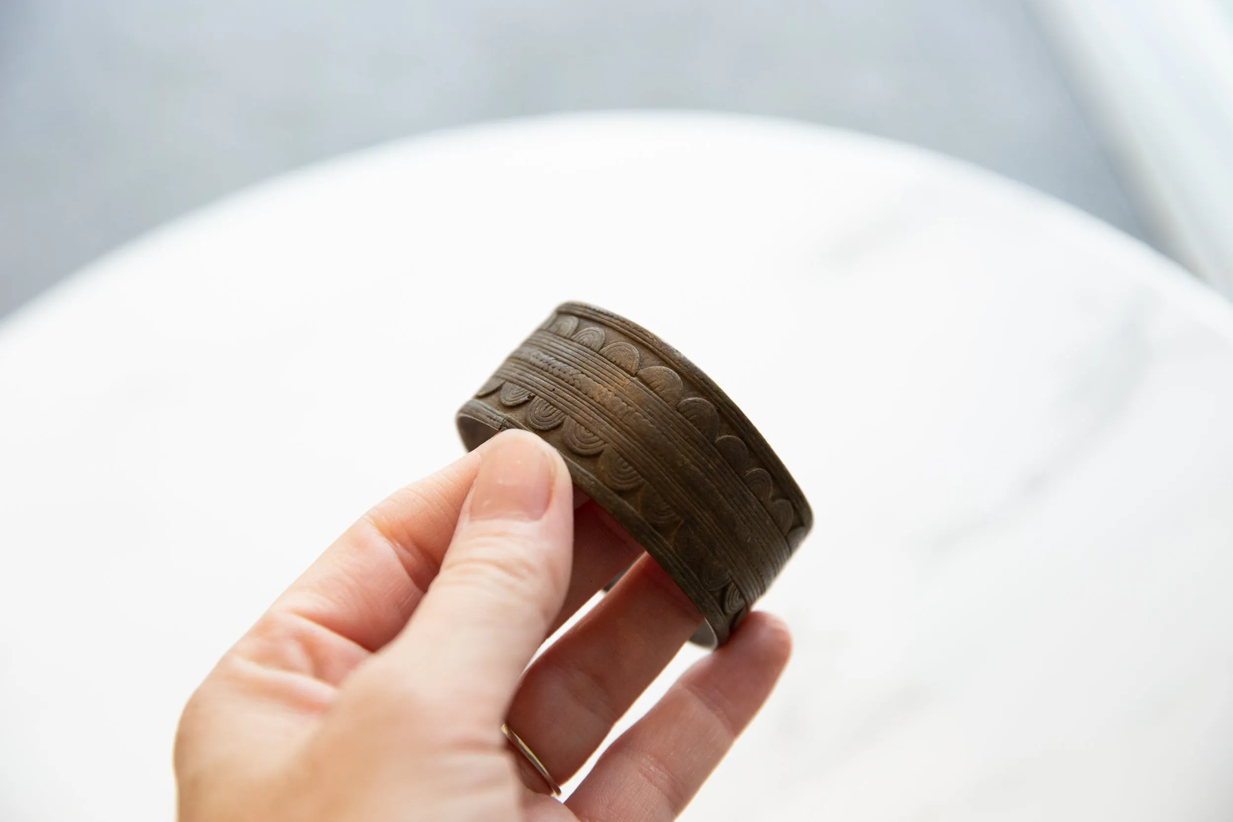 Antique African Bronze Cuff Bracelet with Geometric Detailing